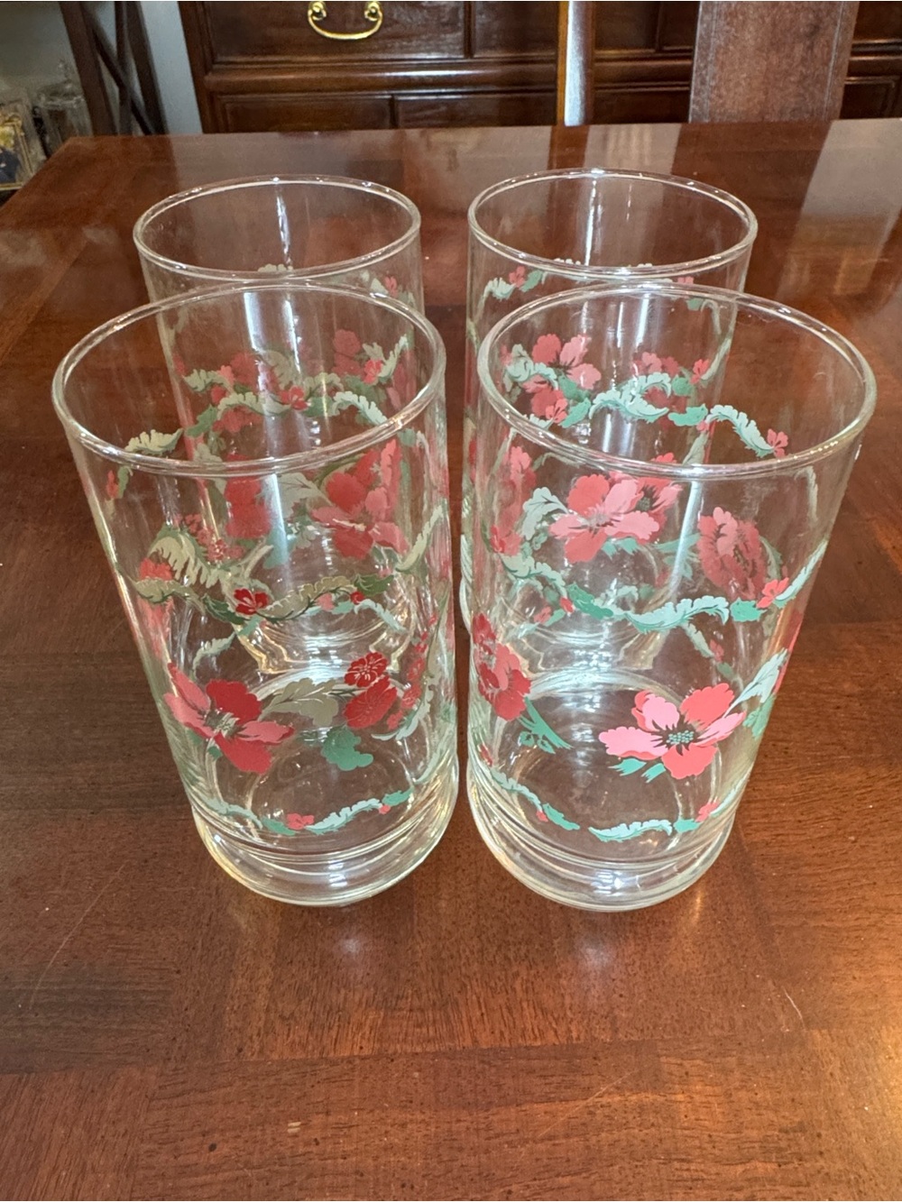 Unmarked Anchor Hocking MCM Floral Glasses Set of 4 Pink Roses